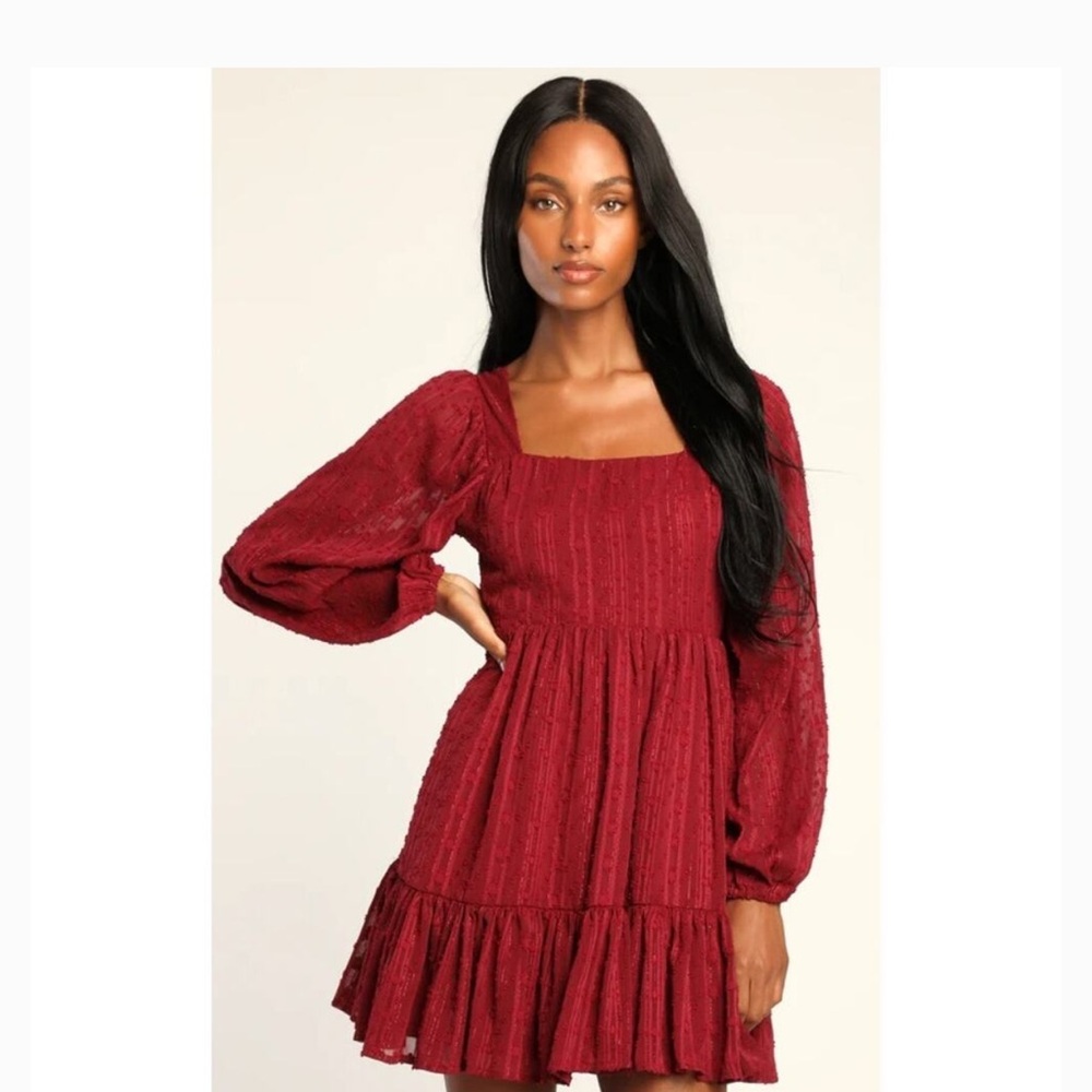 Lulu's Burgundy Square-Neck Balloon Sleeve Mini Dress
